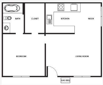 Floor plan for 1 bed, 1 bath, 564 sqft